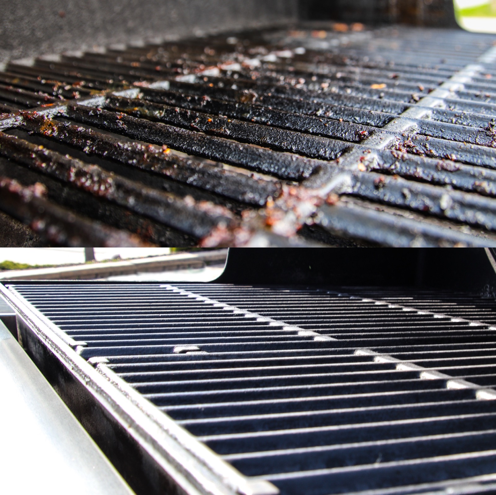 BBQ grates with heavy food debris before service on top, fully restored stainless finish after service on bottom