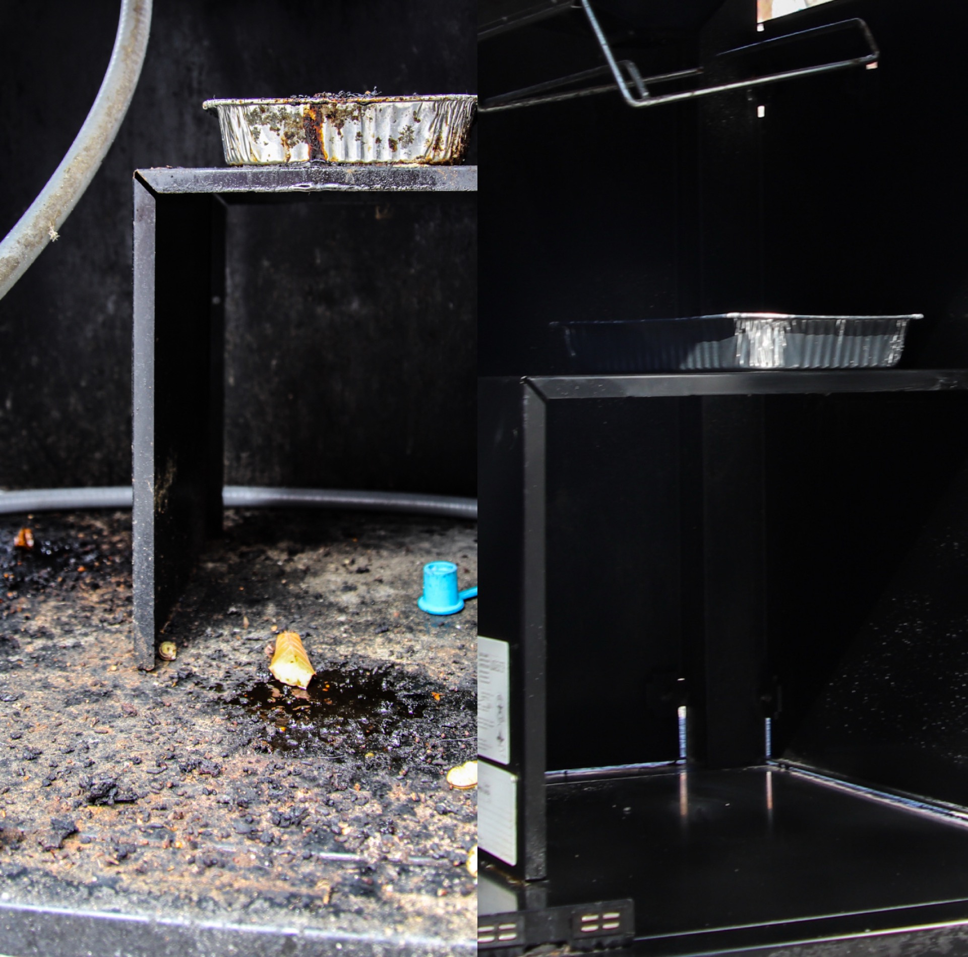 BBQ interior: heavily soiled grates and drip tray on the left vs. fully restored after deep clean on the right